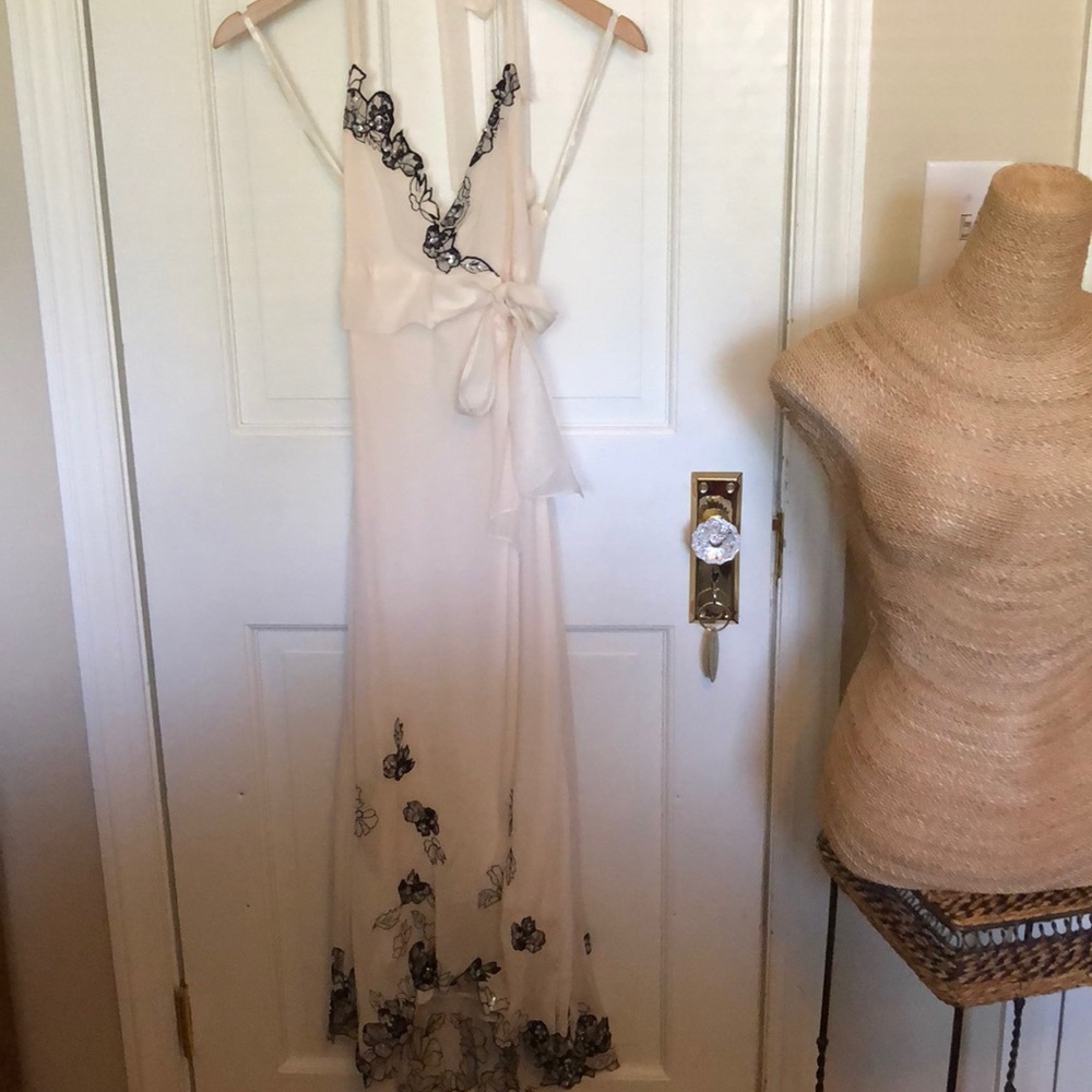 BCBG Max Azria White Dress, Black Lace Appliqué